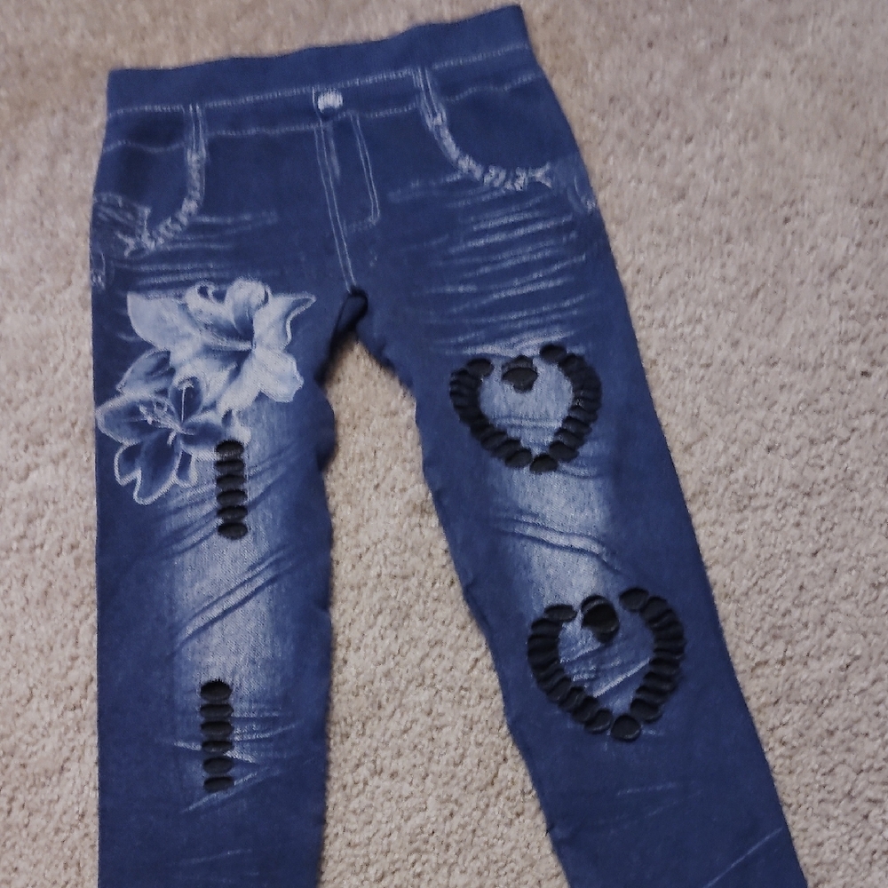 Stylish Blue  Jeans Style Leggings with Heart and Floral Design Cut Outs